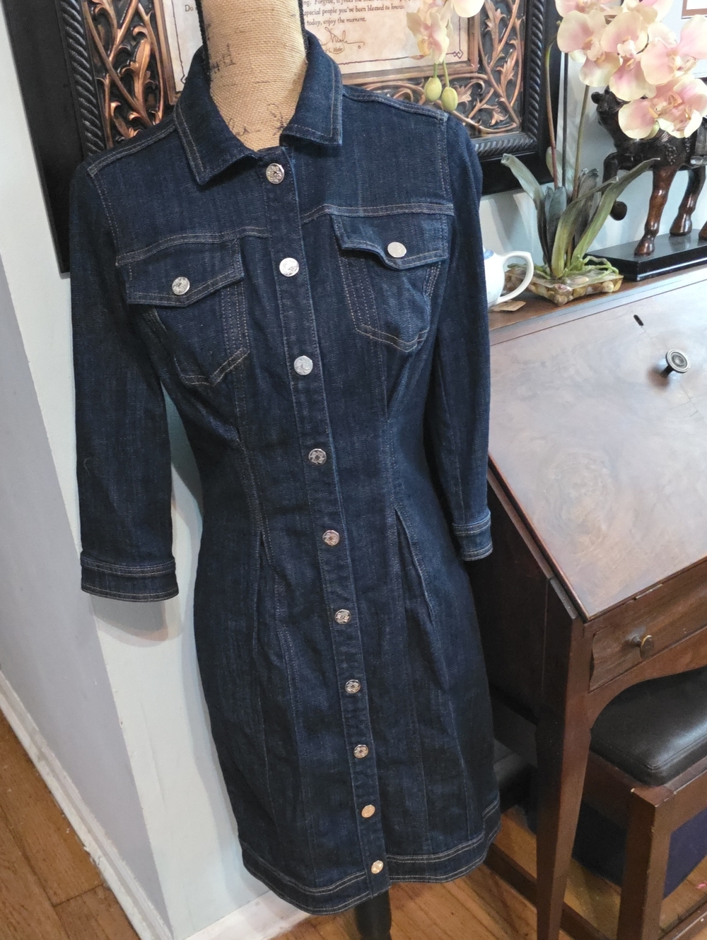 White House Black Market Dark Blue Denim Button-Front Midi Dress
